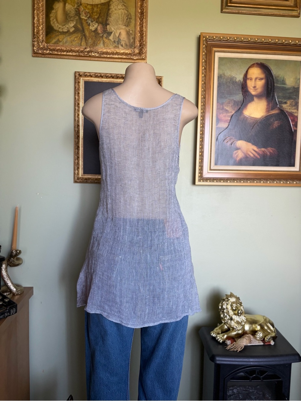 Eileen Fisher Gray Silver Mesh Linen Henley Tank Top Womans Size S Minimalist - Picture 12 of 16